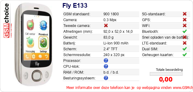Fly E133 Technische gegevens 