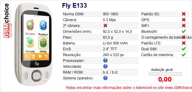 Fly E133 Especificações técnicas do telemóvel 