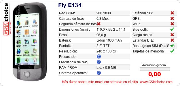 Fly E134 Datos técnicos del móvil Fly E134 Datos técnicos del móvil