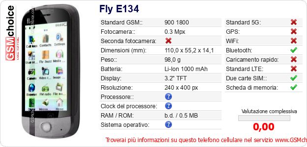 Fly E134 Dati tecnici di telefono cellulare 