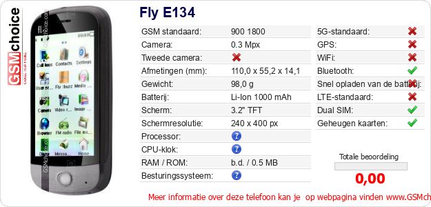 Fly E134 Technische gegevens 