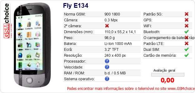 Fly E134 Especificações técnicas do telemóvel 