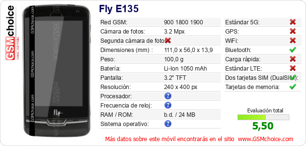 Fly E135 Datos técnicos del móvil Fly E135 Datos técnicos del móvil