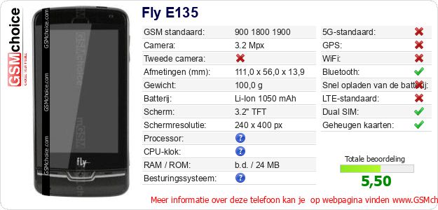 Fly E135 Technische gegevens 
