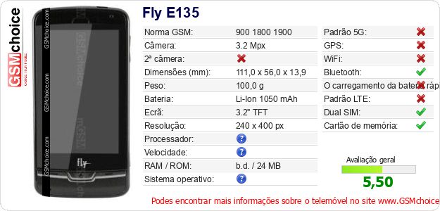 Fly E135 Especificações técnicas do telemóvel 