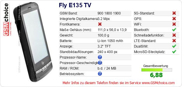 Fly E135 TV technische Daten Fly E135 TV technische Daten