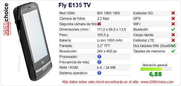 Fly E135 TV Datos técnicos del móvil Fly E135 TV Datos técnicos del móvil