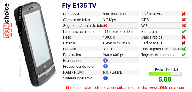 Fly E135 TV Datos técnicos del móvil Fly E135 TV Datos técnicos del móvil