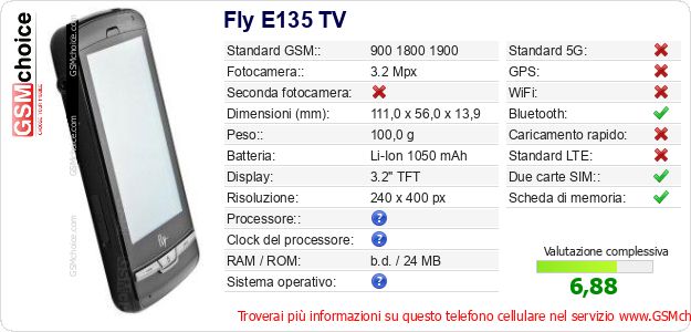 Fly E135 TV Dati tecnici di telefono cellulare Fly E135 TV Dati tecnici di telefono cellulare