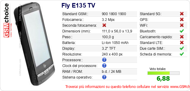 Fly E135 TV Dati tecnici di telefono cellulare 
