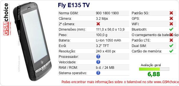 Fly E135 TV Especificações técnicas do telemóvel Fly E135 TV Especificações técnicas do telemóvel