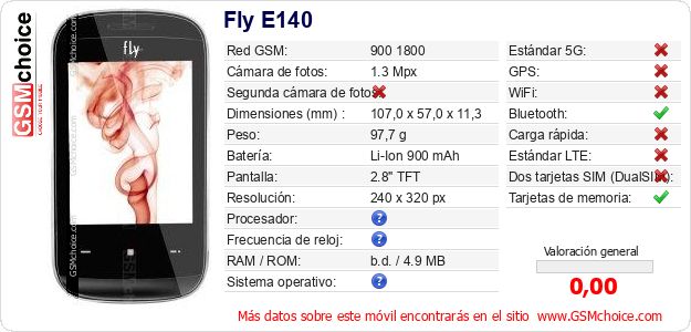 Fly E140 Datos técnicos del móvil Fly E140 Datos técnicos del móvil