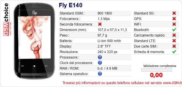 Fly E140 Dati tecnici di telefono cellulare 