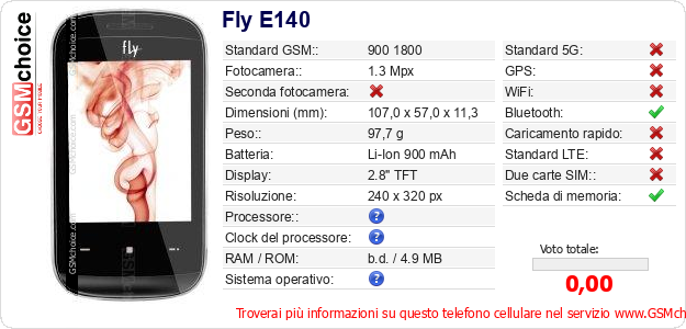 Fly E140 Dati tecnici di telefono cellulare 