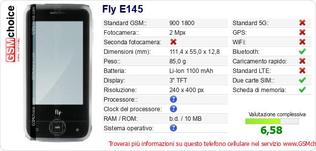 Fly E145 Dati tecnici di telefono cellulare 