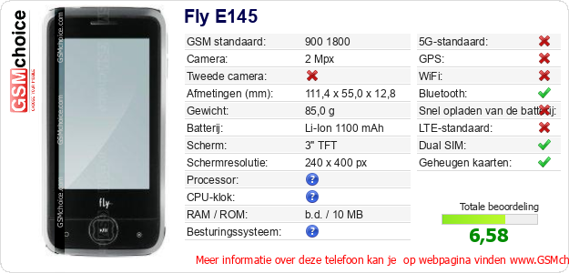 Fly E145 Technische gegevens 