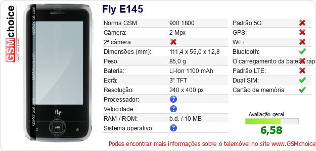 Fly E145 Especificações técnicas do telemóvel Fly E145 Especificações técnicas do telemóvel