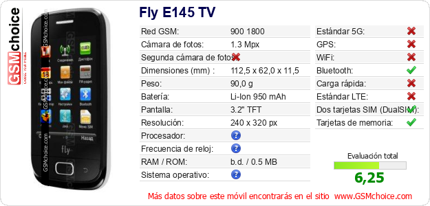 Fly E145 TV Datos técnicos del móvil Fly E145 TV Datos técnicos del móvil