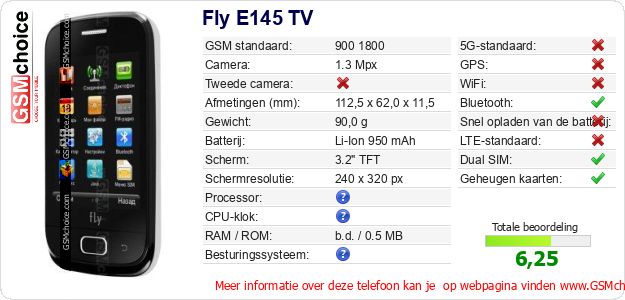 Fly E145 TV Technische gegevens Fly E145 TV Technische gegevens