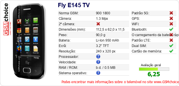 Fly E145 TV Especificações técnicas do telemóvel 