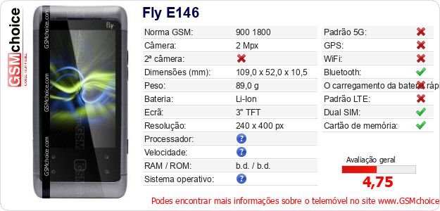Fly E146 Especificações técnicas do telemóvel Fly E146 Especificações técnicas do telemóvel