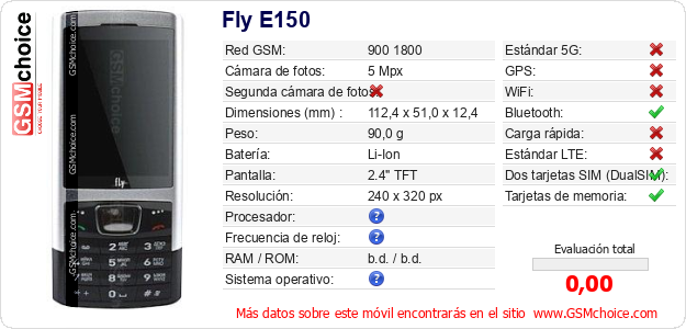 Fly E150 Datos técnicos del móvil 