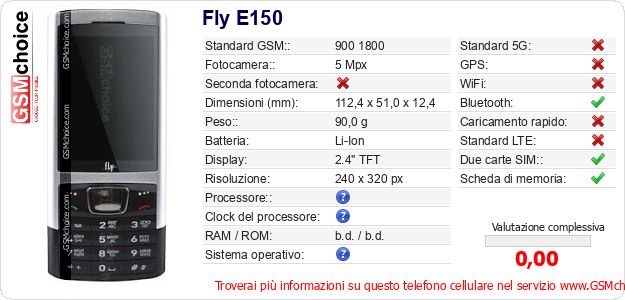 Fly E150 Dati tecnici di telefono cellulare 