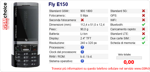 Fly E150 Dati tecnici di telefono cellulare 
