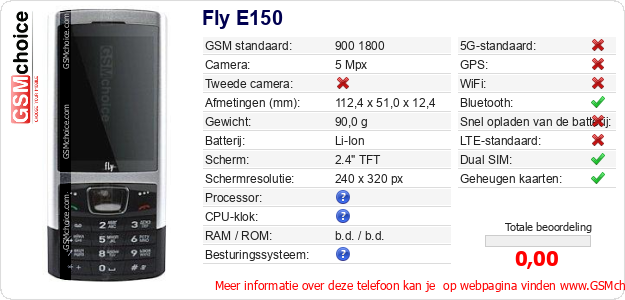 Fly E150 Technische gegevens 