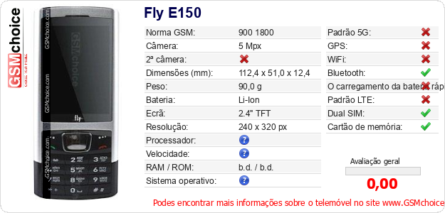 Fly E150 Especificações técnicas do telemóvel 
