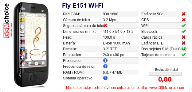 Fly E151 Wi-Fi Datos técnicos del móvil Fly E151 Wi-Fi Datos técnicos del móvil