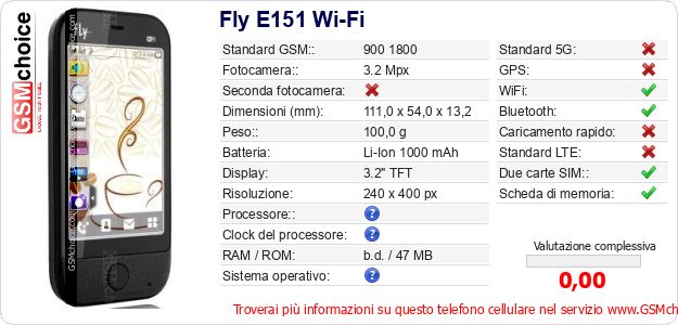 Fly E151 Wi-Fi Dati tecnici di telefono cellulare Fly E151 Wi-Fi Dati tecnici di telefono cellulare