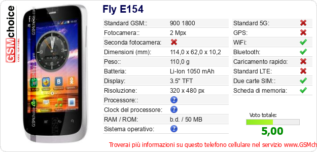Fly E154 Dati tecnici di telefono cellulare 