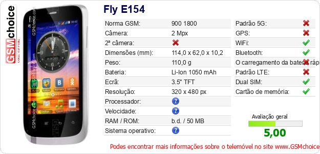 Fly E154 Especificações técnicas do telemóvel Fly E154 Especificações técnicas do telemóvel