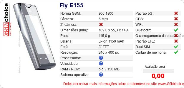 Fly E155 Especificações técnicas do telemóvel Fly E155 Especificações técnicas do telemóvel