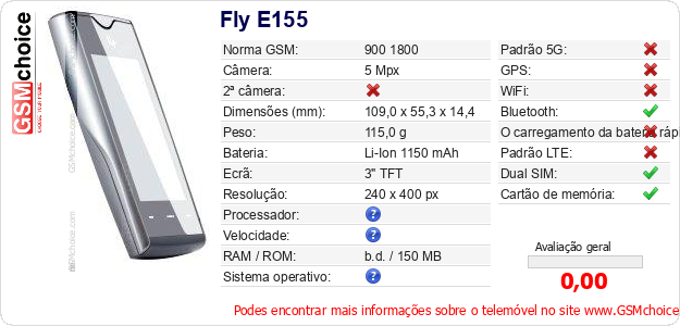 Fly E155 Especificações técnicas do telemóvel 