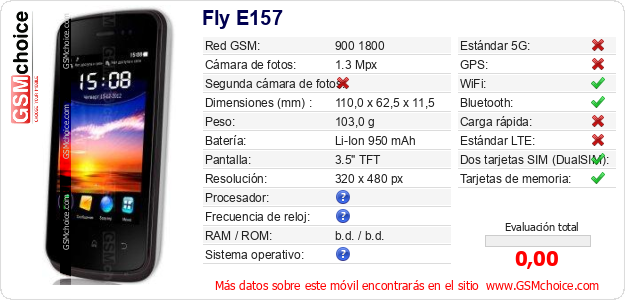 Fly E157 Datos técnicos del móvil Fly E157 Datos técnicos del móvil
