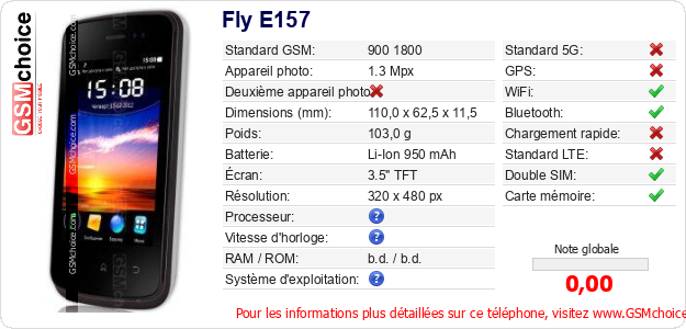 Fly E157 Fiche technique Fly E157 Fiche technique