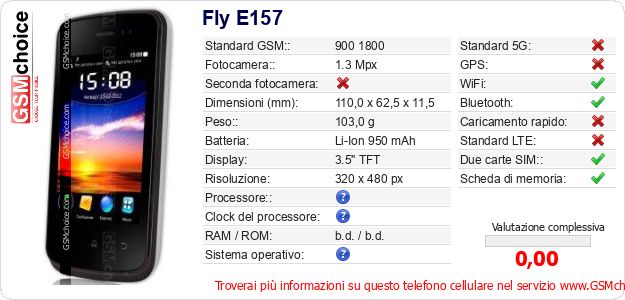 Fly E157 Dati tecnici di telefono cellulare Fly E157 Dati tecnici di telefono cellulare