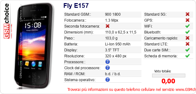 Fly E157 Dati tecnici di telefono cellulare 