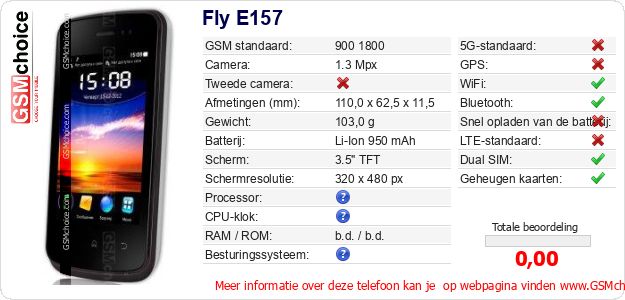 Fly E157 Technische gegevens Fly E157 Technische gegevens