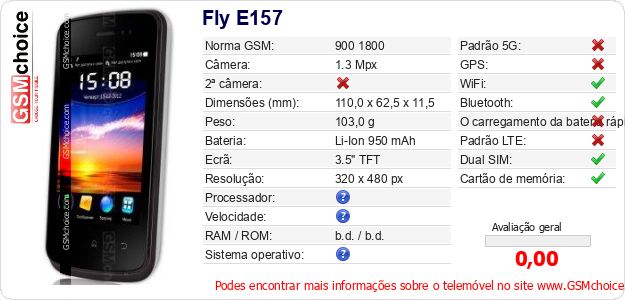 Fly E157 Especificações técnicas do telemóvel 