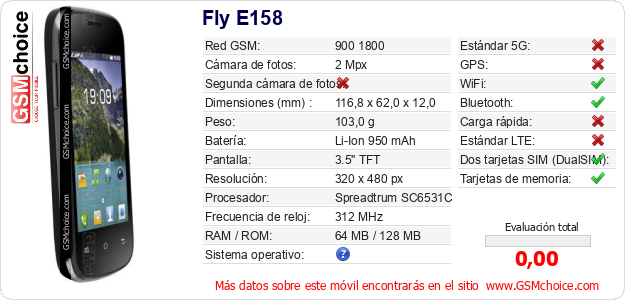 Fly E158 Datos técnicos del móvil Fly E158 Datos técnicos del móvil