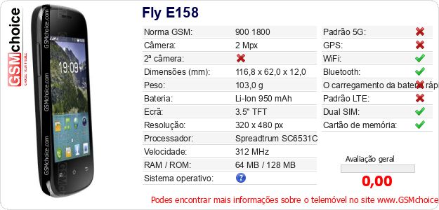 Fly E158 Especificações técnicas do telemóvel 