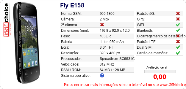 Fly E158 Especificações técnicas do telemóvel 