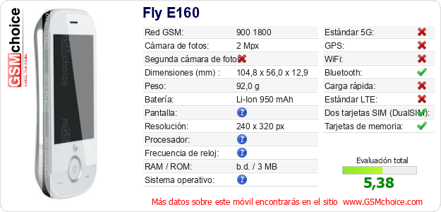Fly E160 Datos técnicos del móvil Fly E160 Datos técnicos del móvil