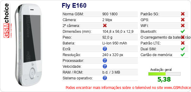 Fly E160 Especificações técnicas do telemóvel Fly E160 Especificações técnicas do telemóvel
