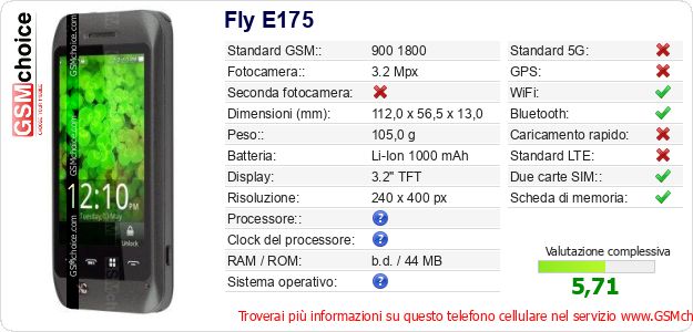 Fly E175 Dati tecnici di telefono cellulare 