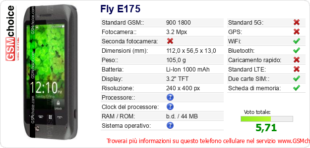 Fly E175 Dati tecnici di telefono cellulare 