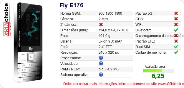 Fly E176 Especificações técnicas do telemóvel 
